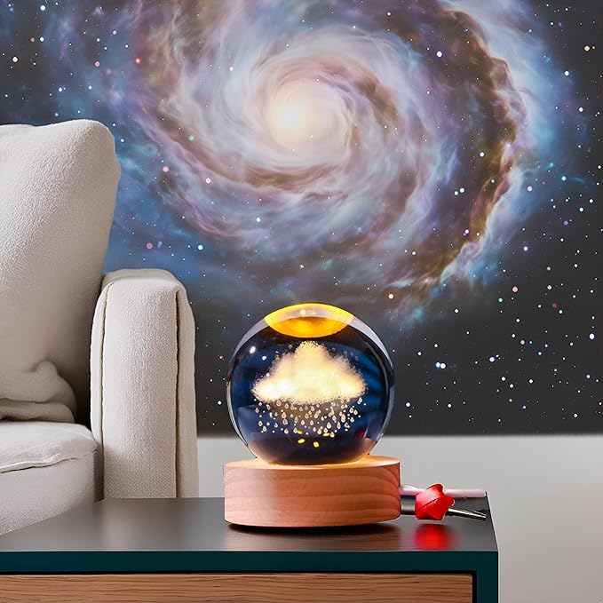 Happyhaves Calming Stellar Spheres,Happy Haves Light Sphere,The Galaxy, Saturn, Astronomy Calming Cosmic Lights, Crystal Ball Night Light with Base for Bedroom Living Room Decor (Clouds and Rain)