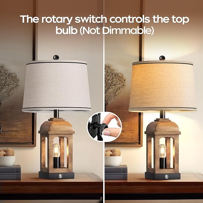 QiMH Table Lamp for Living Room, Farmhouse Lamps Set of 2 with USB A+C and Nightlight, 26" Rustic Bedside Lamps with 3-Way Dimmable Touch Control, Nightstand Lamp for Bedroom Decor, Wood Grain
