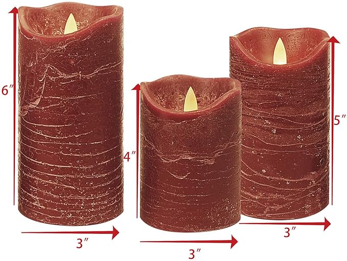 CANDLE CHOICE Battery Operated Flameless Candles with Remote Timer Real Wax Realistic Flickering Electric LED Pillar Lights for Home Wedding Party Christmas Decorations 3 Pack Rustic Texture Burgundy