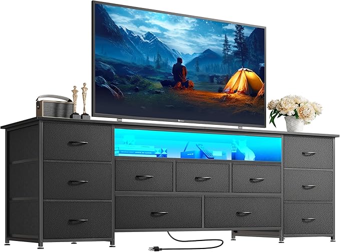 Huuger Large TV Stand for 65, 70 Inch TV, 11 Drawer Long Dresser with Power Outlets and LED Lights, Entertainment Center with Storage, Black Dresser with PU Leather Surface, 13" D x 63" W x 26.8" H