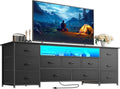 Huuger Large TV Stand for 65, 70 Inch TV, 11 Drawer Long Dresser with Power Outlets and LED Lights, Entertainment Center with Storage, Black Dresser with PU Leather Surface, 13" D x 63" W x 26.8" H