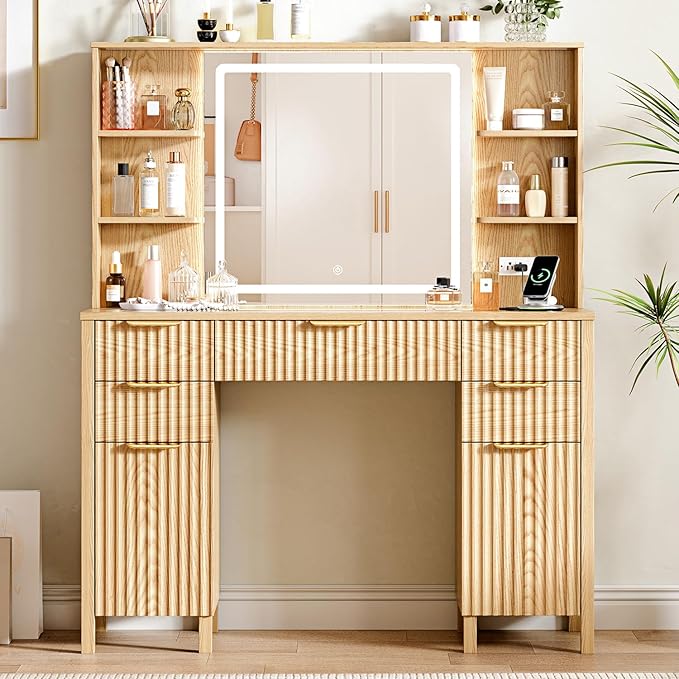 Vanity Desk with Large 27.2" Mirror and Lights 47.2" Fluted Makeup, 5 Drawer Vanity with Power Strip, 4 Open Shelves, 2 Cabinet, Modern Bedroom Vanity Featuring Visual Transparent Glass. Wood