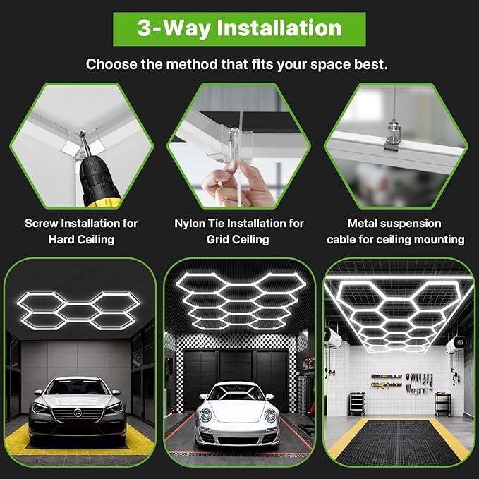 Glitgate Hexagon Garage Lights, 399W 43890LM, 14 Grid LED Shop Light, 6500K Daylight White Hex Lights for Garage, Gym, Basement, Workshop, Super Bright Ceiling LED Lights
