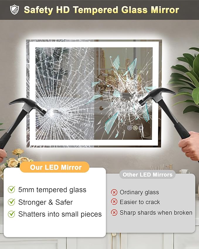 48x32 LED Bathroom Mirror with Lights, Super Bright Front & Backlit Vanity Mirror for Wall, Anti-Fog & Memory Smart Mirror, 5mm Shatter-Proof Tempered Glass, ETL Listed, Vertical/Horizontal