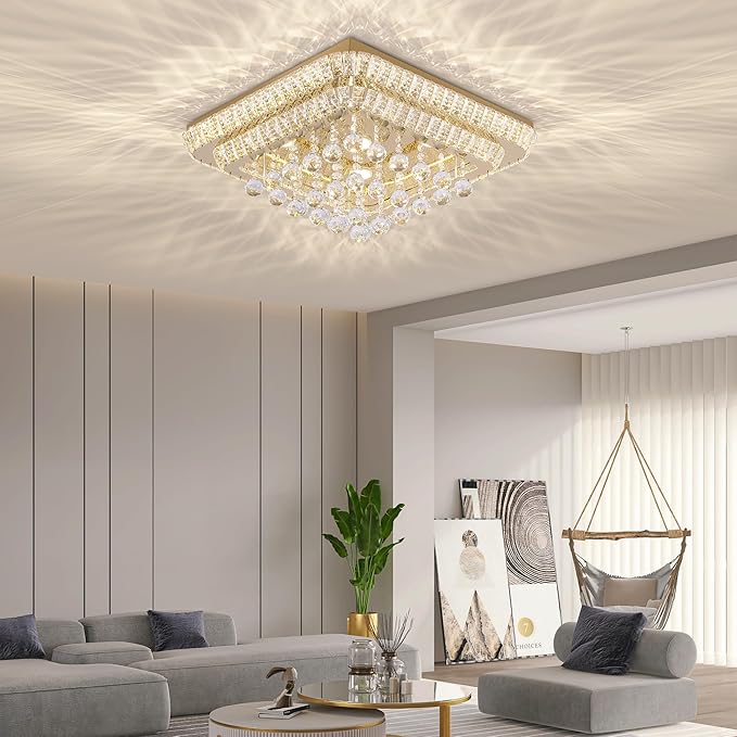 REDSTAR 24" Gold Crystal Ceiling-Light Flush Mount with Remote and APP, 3 Colors Temp & Brightness Adjustable, Modern Crystal Raindrop Chandeliers for Bedroom Hallway Dinning and Living Rooms-Square