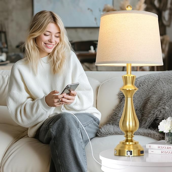 Touch Lamps for Night Stands Set of 2-29.5" Tall Bedside Lamp with USB C+A, 3 Way Dimmable Bedroom Lamps, Gold Metal Table Lamps for Living Room