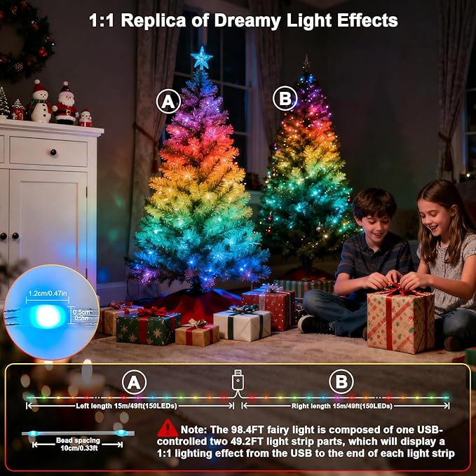 Smart Fairy Lights 98.4Ft 300LEDs, Color Changing led String Lights with Remote & APP Control, DIY RGB-IC Dynamic Multicolor Twinkle Lights for Indoor Christmas Room Bedroom Party Decor