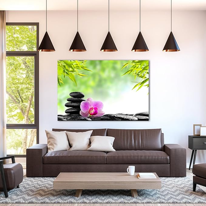 GUTTATY Zen Wall Art Decor, Modern Bathroom Zen Decor Wall Art, Canvas Wall Art for SPA Zen Room Decor, Green Bamboo Leaves and Pebble Relaxing Zen Art Prints for Office & SPA Wall Decor 24x36 Inches