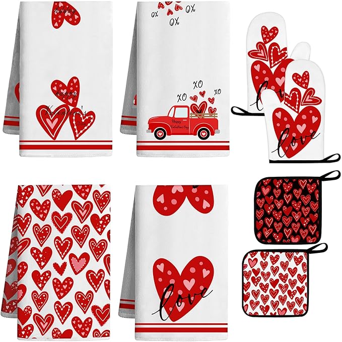 8 Pcs Red Heart Kitchen Decor and Accessories Set 4, Kitchen Dish Towels, Red Love Heart 2 Oven Mitt 2 Pot Holders for Home Decoration Cooking Baking, Mom Daughter Gift Housewarming