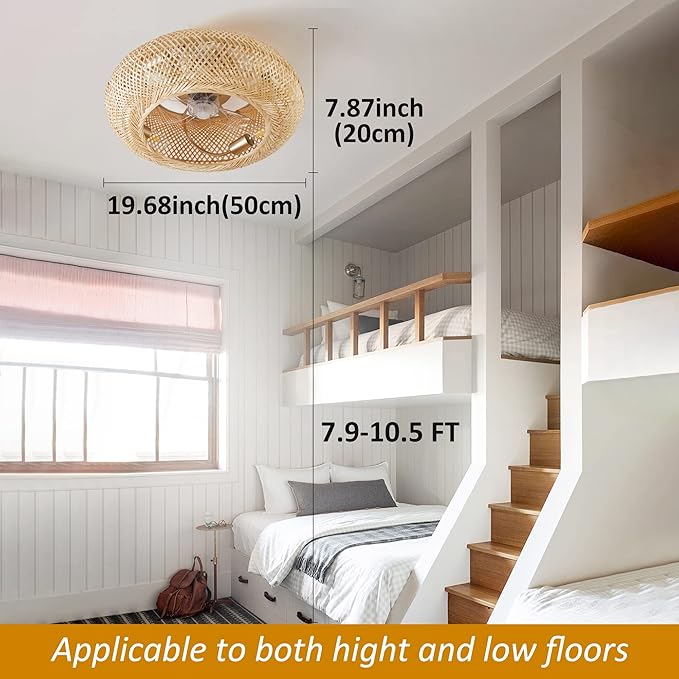 20" Boho Ceiling Fans with Lights,Rattan Caged Flush Mount Ceiling Fan with Light, Enclosed Timing 6 Speeds Reversible for Living Room Bedroom Dining Room
