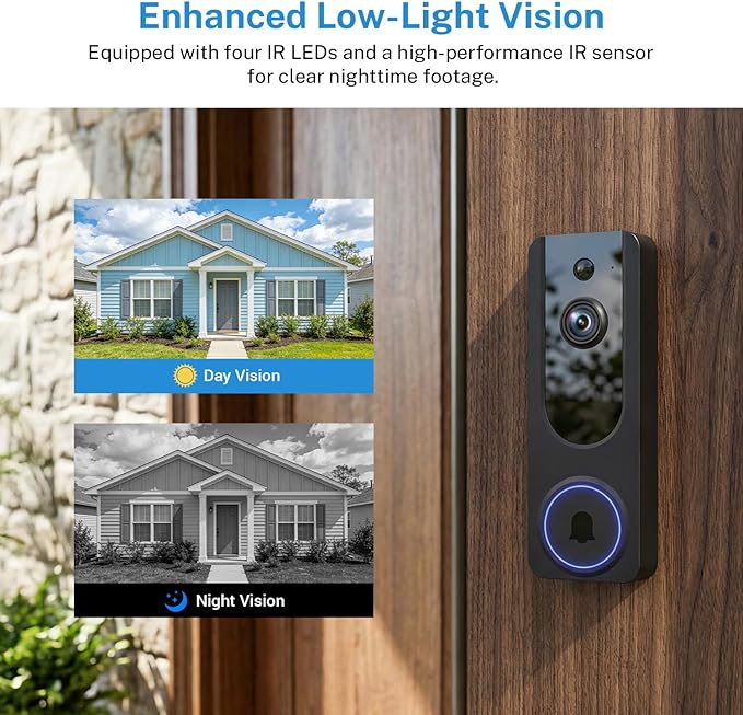 Gazing 1080P Wireless Wi-Fi Doorbell Camera for Home Safety, Night Vision, 2-Way Audio, Cloud Storage, AI Human and Motion Detection, Live View, Battery Powered, Indoor Outdoor Surveillance