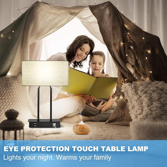 Bedside Touch Control Table Lamp with Dual USB Charging Ports 1 AC Outlet, 3 Way Dimmable Modern Nightstand Lamp with Cream Fabric Shade, Desk Lamp for Bedroom Living Room Office with 5000K LED Bulb