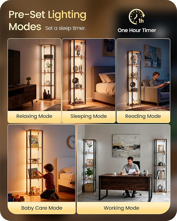 64.2" Display Shelf with Light, Modern Corner Floor Lampe with Shelves, LED Dimmable Standing Lamp with Remote for Living Room, Bedroom, Office, Adjustable CCT, Rustic Brown Square F51LD05
