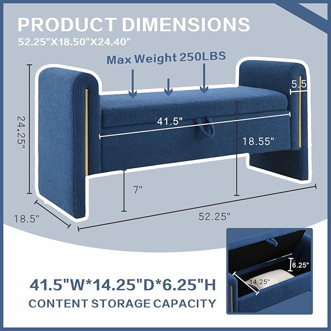 Modern 52" Storage Ottoman Bench, Upholstered End of Bed Storage Bench with Armrests, Entryway Bench, Teddy Foot Rest Stool for Living Room Hallway Bedroom (Navy Blue)
