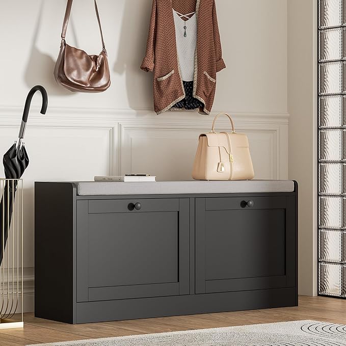 MHOM Black Modern Entryway Bench with 2 Flip Drawers, Shoe Bench with Padded Seat Cushion, Wooden Storage Bench for Hallway and Entryway