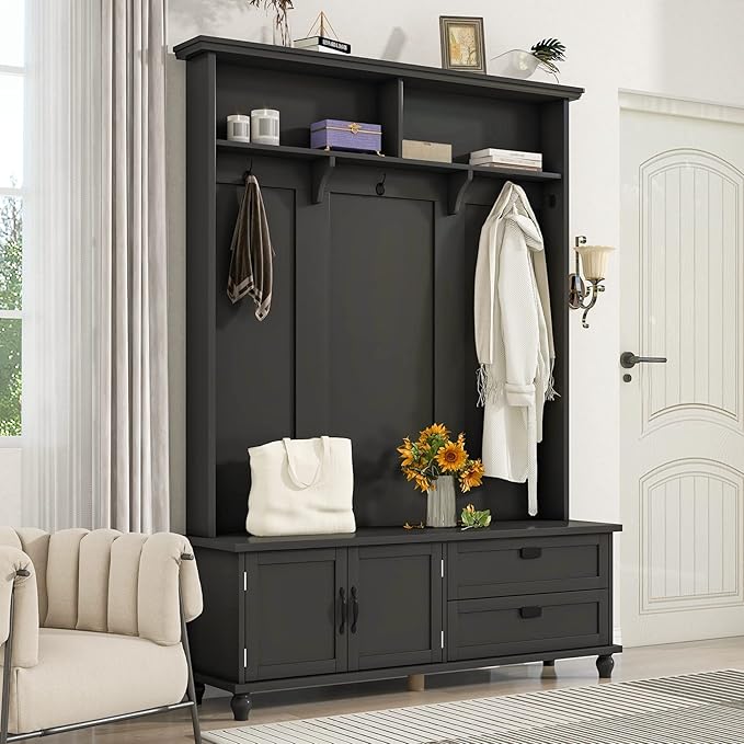 Widen Hall Tree with Bench and Shoe Storage, Modern Entryway Bench with Coat Rack, Cabinet, 2 Drawers and Shelves, Mudroom Bench with Storage and 5 Hooks for Entry Way, Hallway (Black)