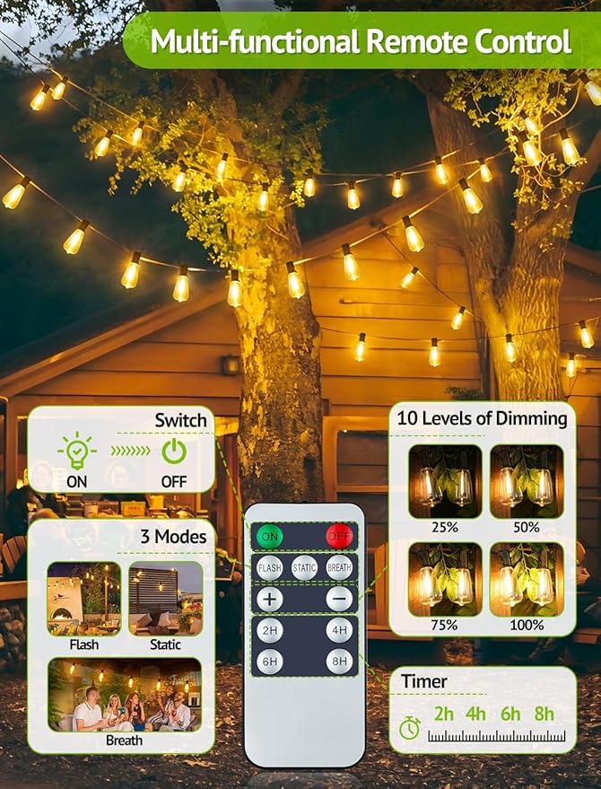 96FT(2x48FT) Solar Outdoor String Lights with Remote & Timer, Dimmable Patio Lights with 30+2 Shatterproof ST38 LED Bulbs for Outside-Black