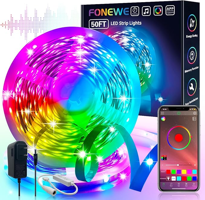 FONEWE 50ft Led Lights for Bedroom Led Strip Lights Led Light Strip with App Led Lights for Home Decoration
