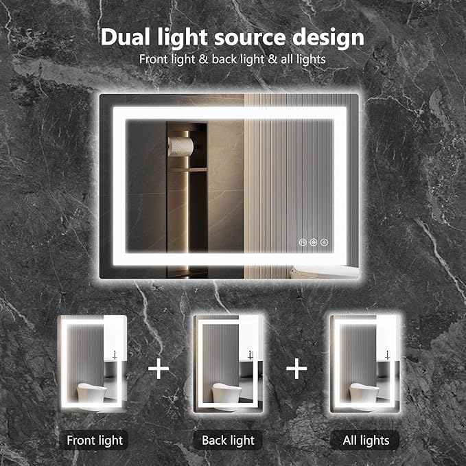 Sweetcrispy 28"x36" Smart Anti-Fog LED Bathroom Mirror with Lights and Front Light & Backlit, 3 Color Temperatures, Dimmable, Memory Function, Rectangle Modern Vanity Mirror