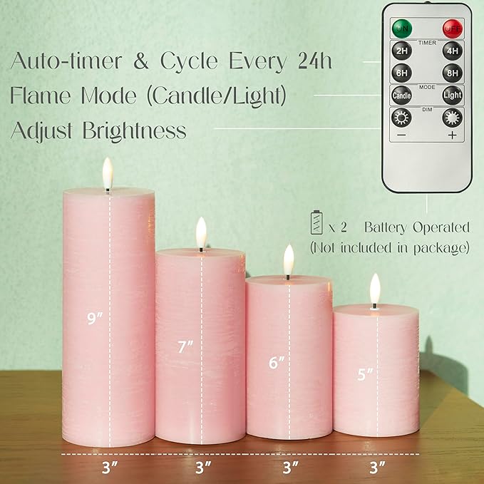 Flameless Candles, 4 Pack Battery Operated Candles with Remote, Real Wax LED Fake Candles with Timer Flickering for Christmas Wedding Home Party D3 H 5" 6" 7" 9" Pink