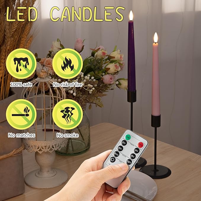 Flamelss Advent Candles, 9.6" Real Wax Flameless Taper Candles with Remote, 4 Pack Flickering LED Candle Battery Operated Candlesticks for Christmas, Catholic, Advent, Wreath, Purple and Pink