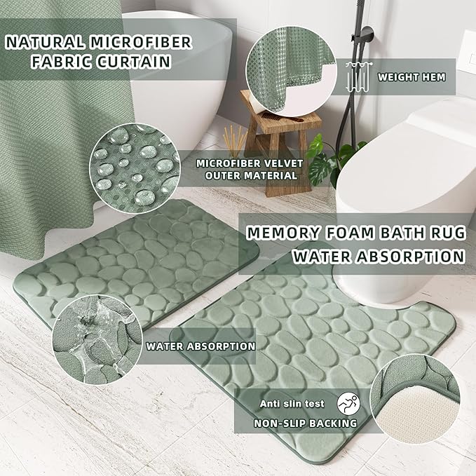 XLHOMO 26PC Bathroom Accessories Set - Gorgeous Bathroom Set, Sage Green Bathroom Accessory Set, Shower Curtain Set with Bathtub Mats for Shower Tub, Trash Can & Soap Dispenser