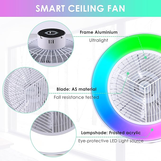 Smart Low Profle Ceiling Fans with RGB Lights Remote/APP/Voice Control, 20" Bladeless Ceiling Fans with 6 Speeds, Timer, Quiet DC Motor, Ceiling Fan with Light for Kids Bedroom/Living Room