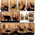Fourluoo 10 Pcs Farmhouse Kitchen Decor Set 4 Brown Bear Kitchen Towels 2 Forest Wild Animal Pot Holders 2 Rustic Deer Oven Mitts 2 Vintage Forest Wildlife Rug for Cooking Baking Mom Housewarming Gift