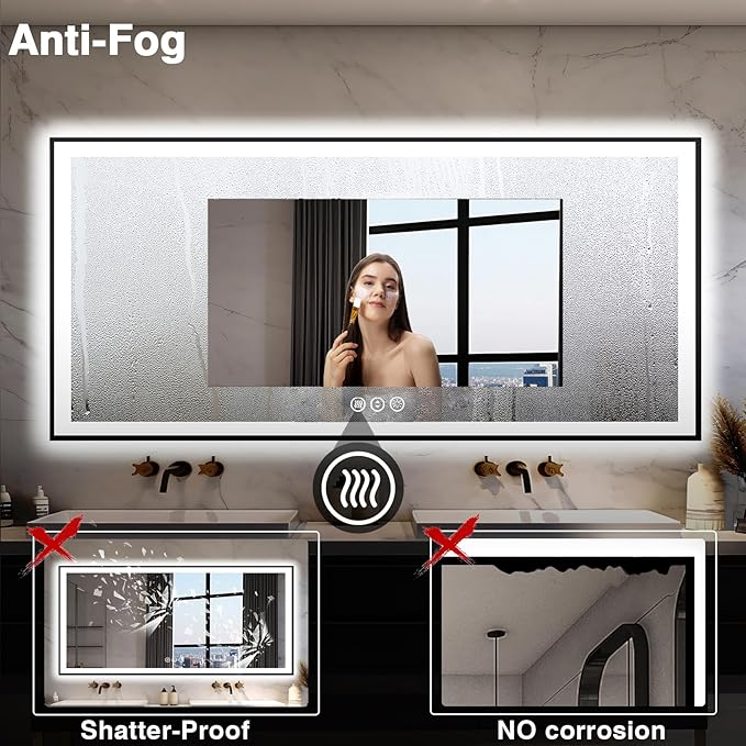 Large 84x40 Light Up Bathroom Mirror -Black Aluminum Edge (Front and Backlit), Anti-Fog Vanity Mirror with Lights,Stepless 3 Colors Dimmable Lighted Mirror(Horizontal/Vertical)