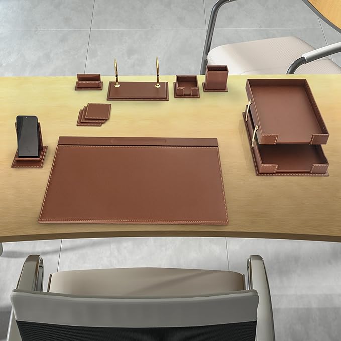 MOOGCO 12-Piece Leather Desk Set — Desk Pad 23.2" x 15.4", Double Document Tray, Pen Holder — Desk Organizer Set for Home Office & Executive Desk Accessories