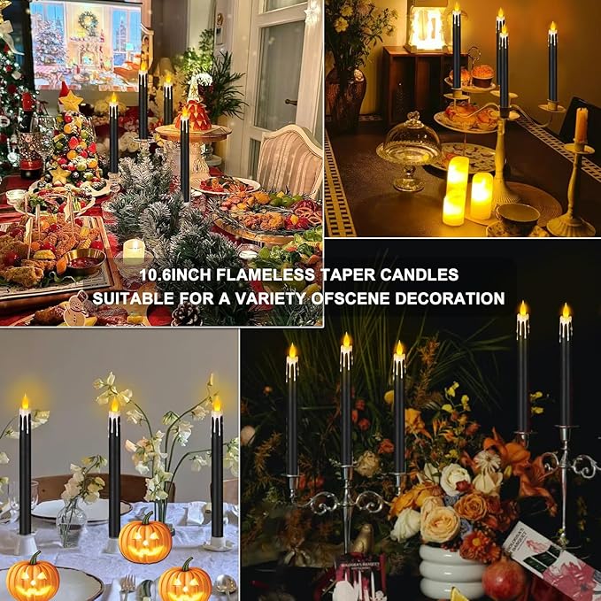 Flameless Taper Candles 10.6" Dripless Battery Operated Taper Candles Included Remote Timer 400+ Hours by 2AA Batteries for Halloween Christmas Wedding (Black+White, 12 Pack)