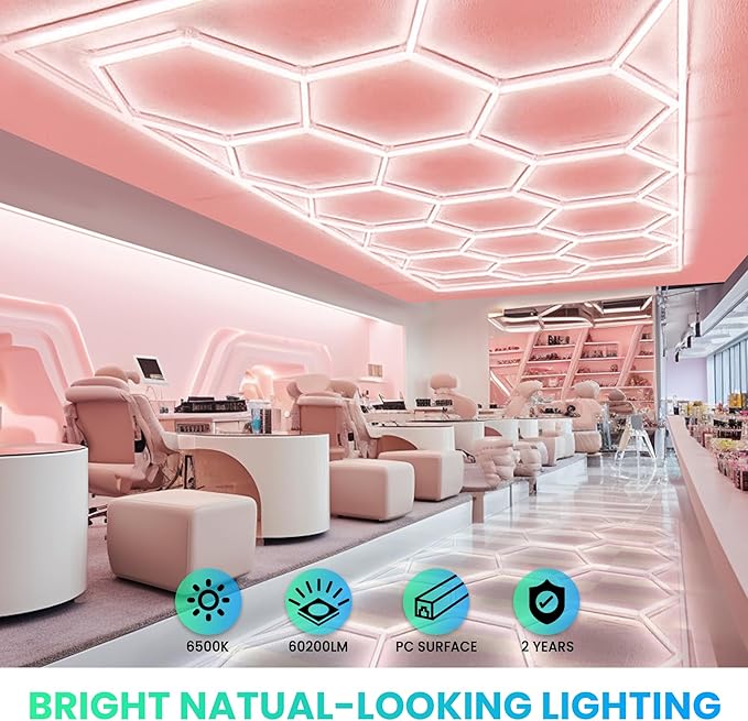 Car Detailing Led Garage Light,15 Hexagonal Grid Systems Led Shop Lights for Garage/ Workshop with White Border, IP54 2 Year Warranty AC 100-240V(15.88 fts x 7.98 fts )