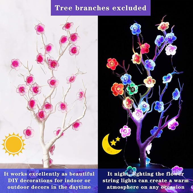 Mudder 16 Colors Cherry Blossom Decor Flower String Lights, Fairy Pink Light String with Timer 13 ft 40 LEDs USB Battery Operated Fairy Lights for Bedroom Indoor Outdoor Wedding Valentines Day(2 Pcs)
