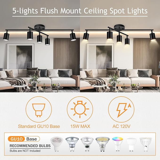 BoostArea 5 Light Track Lighting Kit, Black 5 Way Ceiling Spot Lighting, Center Swivel Track Light Heads, Flexibly Rotatable Light Head for Kitchen, Living Room, Bedroom, GU10 Bulb Not Included