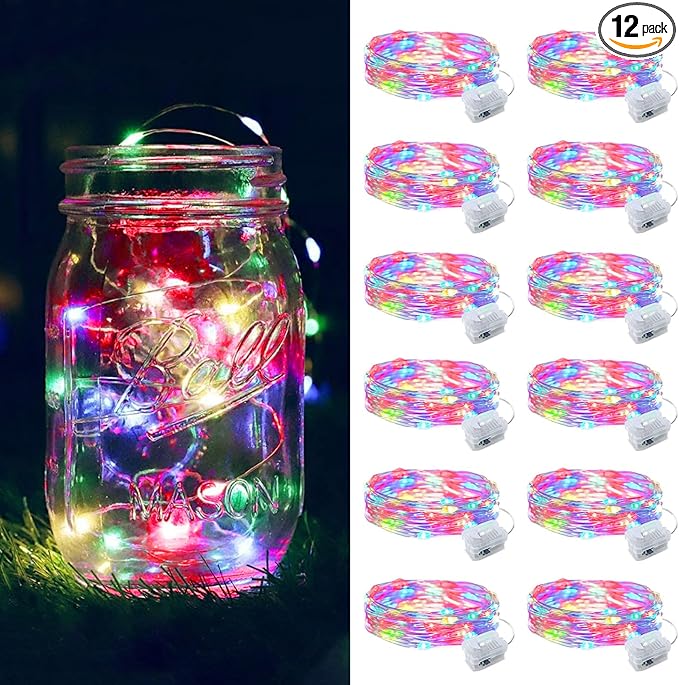 ZGWJ 12 Pack Fairy Lights Battery Operated, Rainbow Color 7ft 20 Mini LED Fairy String Lights Silver Wire 3 Modes for DIY, Parties, Wedding, Bedroom, Halloween Christmas Decoration