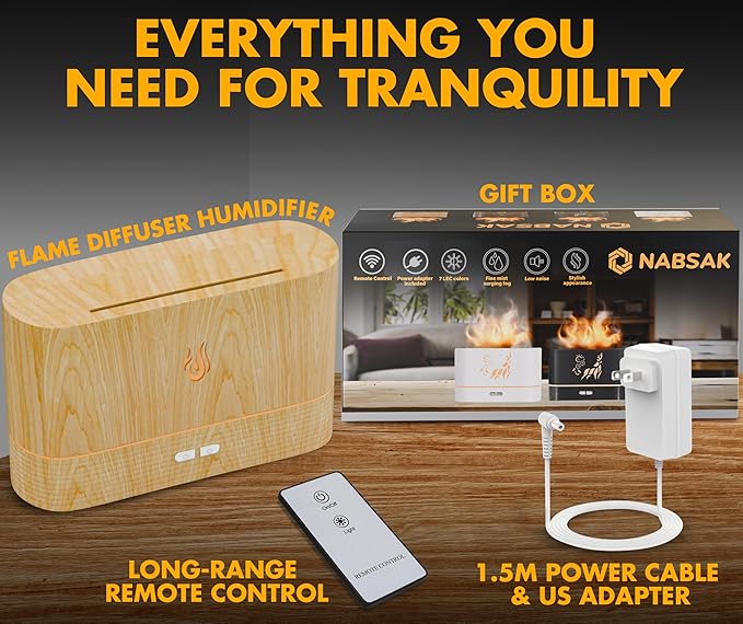 Colorful Aroma Essential Oil Diffuser for Home, Quiet Cool Mist Flame Humidifier for Bedroom with Remote, Fire Flame Diffuser Humidifier with Scent (Light Wood)