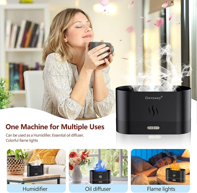 Flame Essential Oil Diffuser, Upgrade 7 Colour Lights Aromatherapy Diffuser, Super Quiet Air Humidifier, Electric Aroma Diffuser, Waterless Auto-Off for Home Office Room - Black