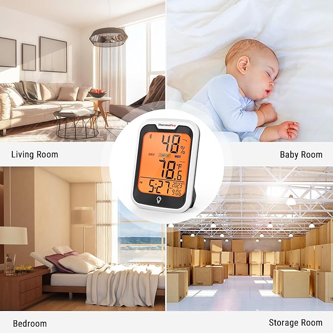 ThermoPro TP358 Bluetooth Thermometer for Room Temperature with Built-in Clock, Smart Temperature Sensor and Humidity Meter with Backlit, 260Ft Hygrometer Indoor Thermometer with Data Storage Export