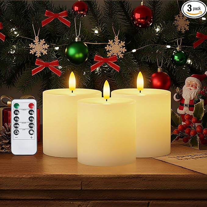 Homemory White Flameless Candles Battery Operated with Remote Timer, 3x3 Real Wax LED Pillar Candle for Home Fireplace Bedroom Living Room Party, Set of 3