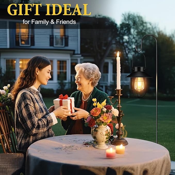 pearlstar 2 Pack Solar Lights Outdoor, Hanging Solar Lanterns with Edison Bulb and 2 x 32 Inch Shepherd Hooks, Waterproof Landscape Lighting for Garden Patio Yard Pathway Driveway Lawn (Black)