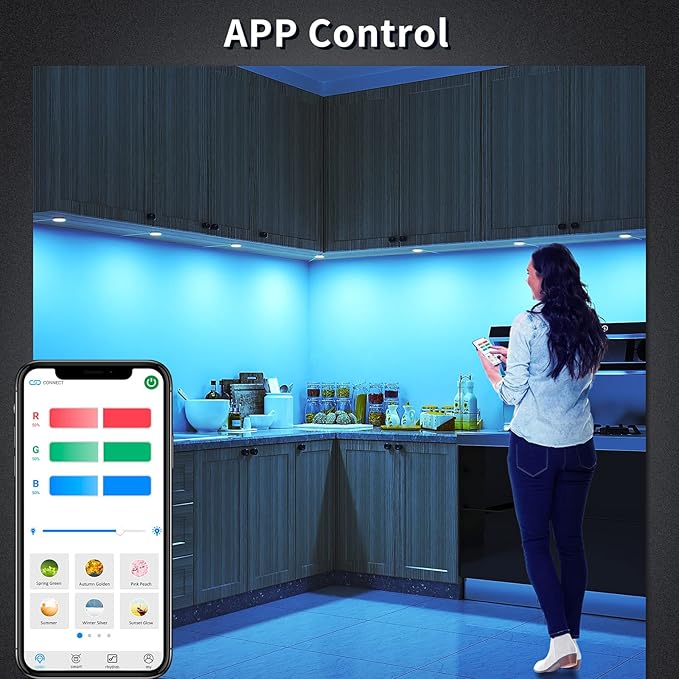 BASON LIGHTING RGB Under Cabinet Lighting, Halloween Decoration Lights, Bluetooth APP Control LED Puck Lights, Dimmable, Adapter Powered Shelf Decorative for Kitchen, Counter, Glass Cabinets
