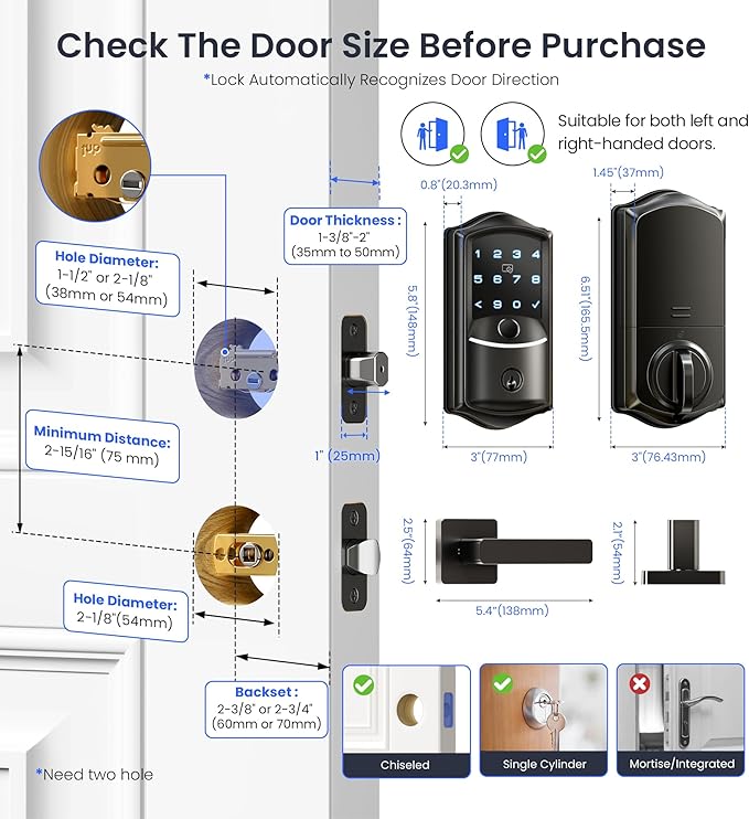 Veise VE027-L Built-in WiFi Smart Lock with Handles, Fingerprint keyless Entry Door Lock Set, App Remote & Voice Control, Electronic Deadbolt for Front Door, Touchscreen Keypad, Auto Lock, Matte Black
