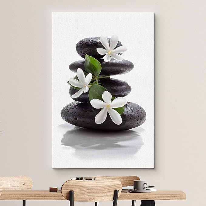 wall26 Canvas Print Wall Art Zen Dark Basalt Stones with Magnolia Blossoms Nature Floral Photography Realism Rustic Colorful Multicolor Ultra for Living Room, Bedroom, Office - 24"x36"
