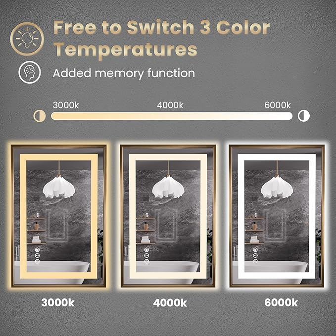 Amorho 24"X36" Gold LED Bathroom Mirror, Metal Framed Mirror with Front Light and Backlit, Stepless Dimmable, Anti-Fog, Shatter-Proof, Memory, 3 Colors