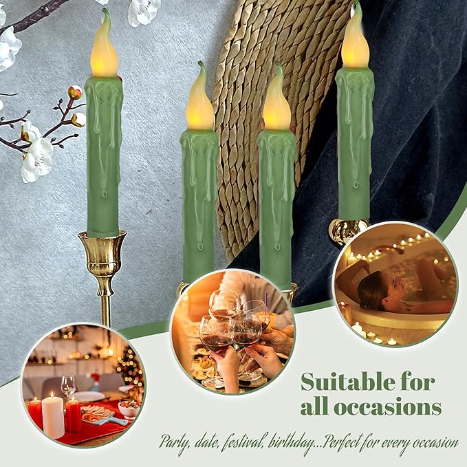 Sage Green Flameless Short Taper Candles, Real Wax Hand Dipped LED Battery Operated with Remote, Flickering Flame Lights for Festival Party Home Décor, 6.7 Inch Primitive Flameless Candles, 2PCS