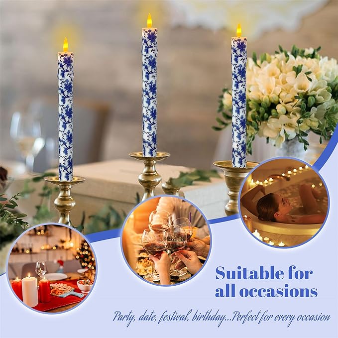 Chinoiserie LED Candles Remote Candlesticks-10inches Blue and White Battery Operated Candles Timer Floral LED Taper Candles Lights for Home Wedding Tea Party Windows Decor-RC2PC-BLUWHT