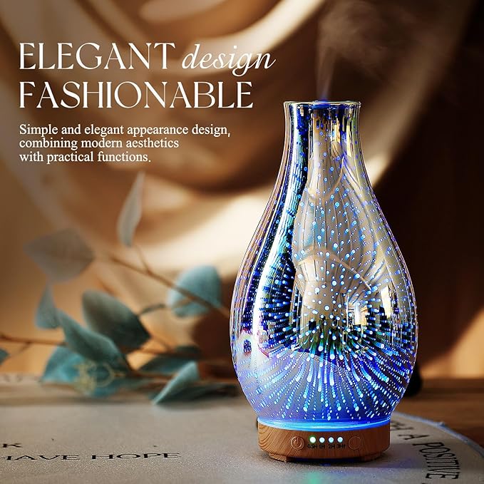 Porseme Essential Oil Diffuser 3D Glass Aromatherapy Ultrasonic Humidifier Cool Mist, Auto Shut-Off, Timer Setting, BPA Free for Home Office Hotel Yoga Gym Leisure SPA Gift 100ml
