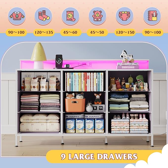 WLIVE Dresser TV Stand for 45, 50, 55 inch TV, Entertainment Center with LED Lights & Charging Station, Chest of Drawers with 9 Fabric Drawers and Open Shelves for Living Room, Tie-dye Purple Print