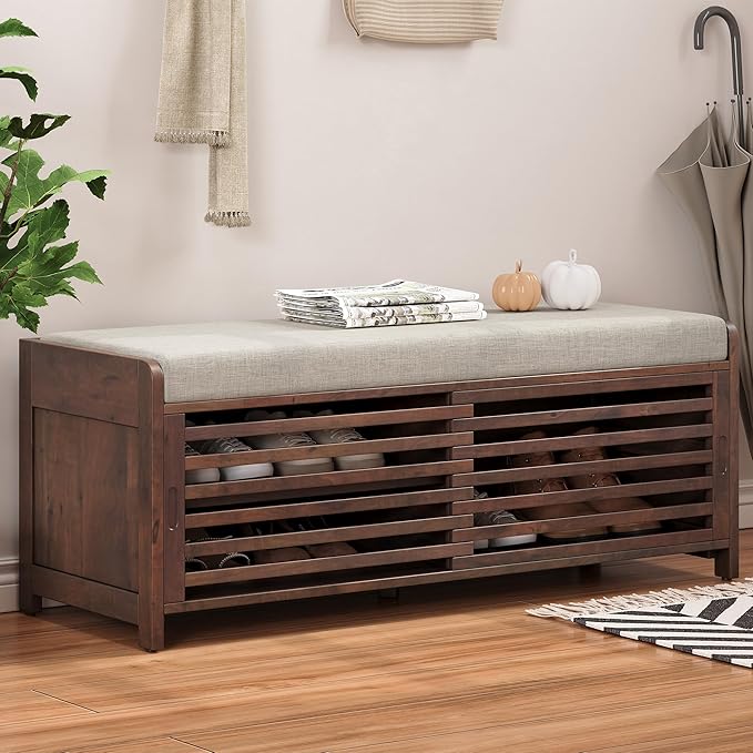 Amposei Modern Classic Storage Bench 43.3-Inch Wooden Entryway Shoe Storage Bench Cabinet with Removable Seat Cushion & Sliding Shutter-Style Doors for Living Room Entrance Hallway, Espresso