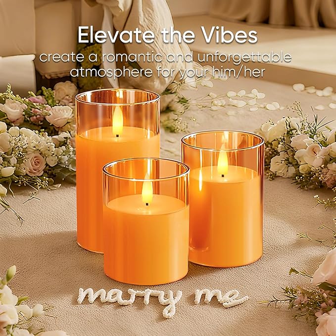 5plots Flameless Battery Operated Candles Set of 3, Gold LED Candles with Remote Timer, Real Wax Glass Pillar Candles Warm Flickering Light for Indoor Home, Halloween, Christmas Decor D3 x H4 5" 6"